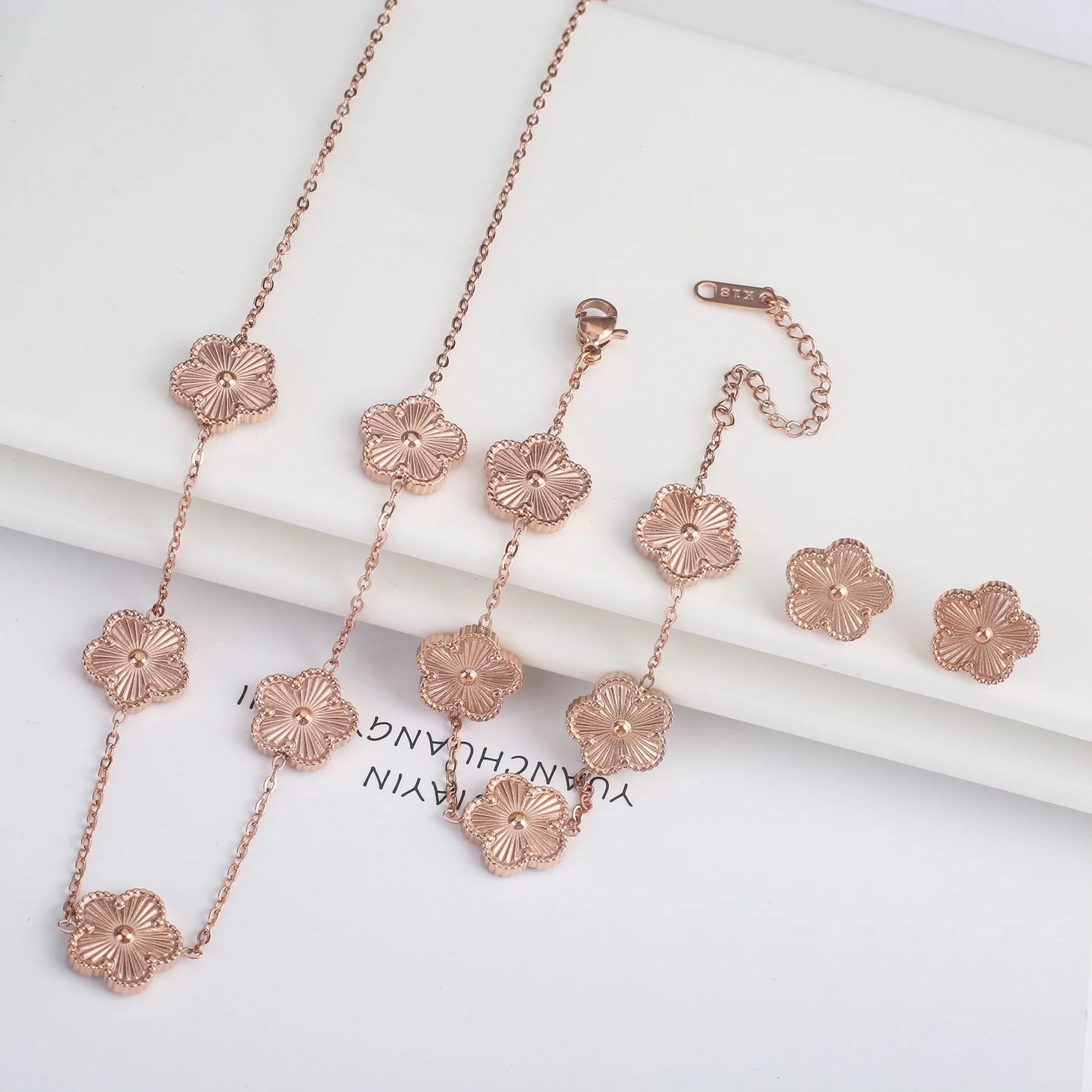 316L Clover Five Leaf Flower Metal Laser Bracelet Necklace Earrings Jewelry Set High Quality Stainless Steel Woman Party Jewelry