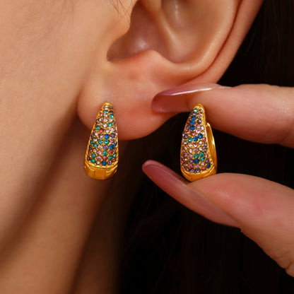 Chic Round Zircon Earrings for Women Gold Plated Stainless Steel Luxury Turquoise Stones Ear Hoop Waterproof Charm Jewelry Gift