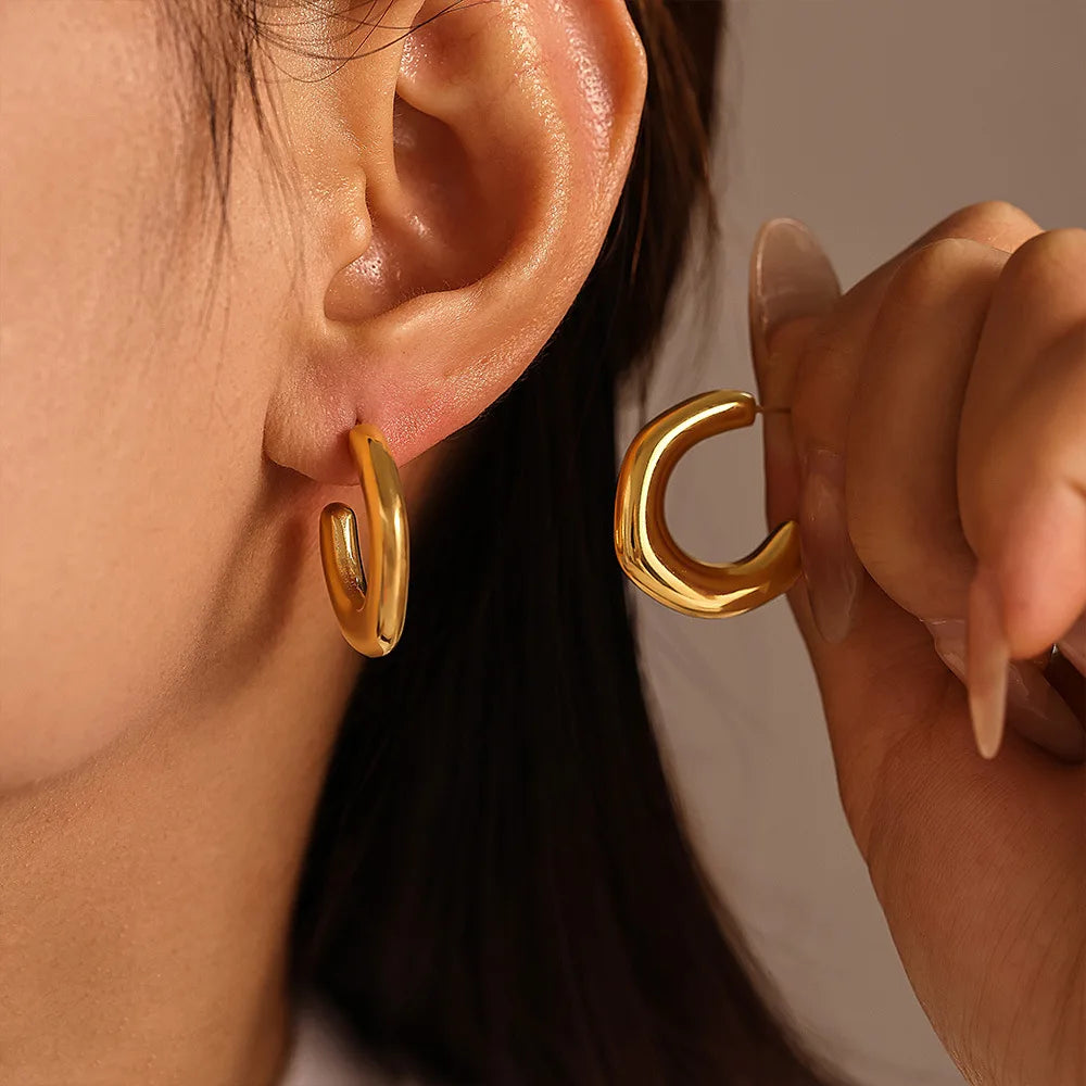 Geometric Earrings For Women C Shape Stainless Steel Vintage Gold Plated Waterproof Ear Hoop Trendy Charm Jewelry Gift
