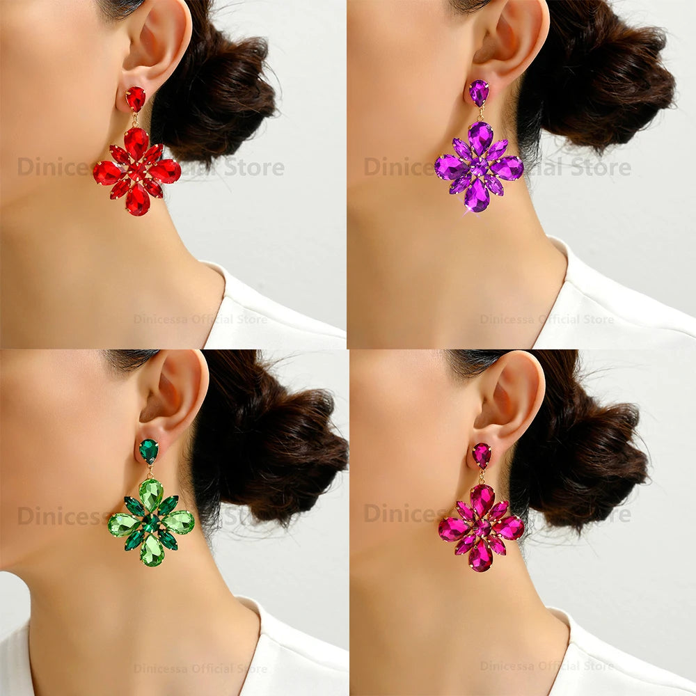 Fashion Glass Flower Y2k Dangle Drop Earrings For Women Charm Luxury Quality Original Ear Accessories Party Pendant Jewelry Gift