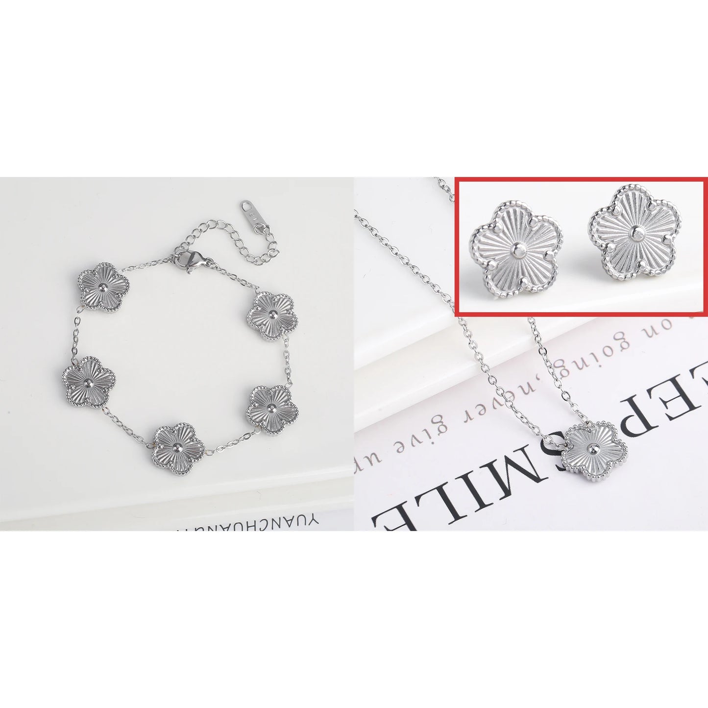 316L Clover Five Leaf Flower Metal Laser Bracelet Necklace Earrings Jewelry Set High Quality Stainless Steel Woman Party Jewelry
