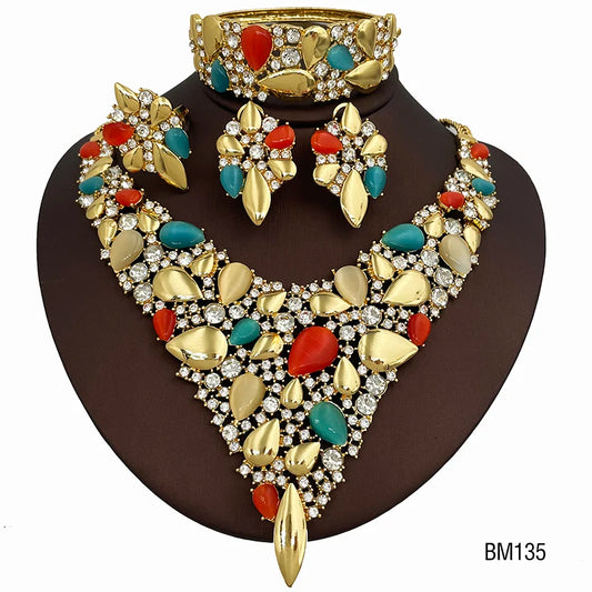 Italy Colorful Opal Jewelry Set Luxury 18K Gold Plated Women Necklaces European Jewelry Sets Wedding Party Accessories Gift
