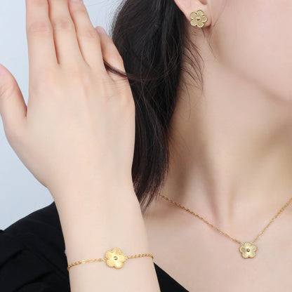 316L Clover Five Leaf Flower Metal Laser Bracelet Necklace Earrings Jewelry Set High Quality Stainless Steel Woman Party Jewelry