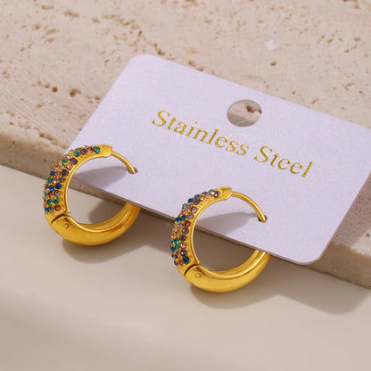 Chic Round Zircon Earrings for Women Gold Plated Stainless Steel Luxury Turquoise Stones Ear Hoop Waterproof Charm Jewelry Gift