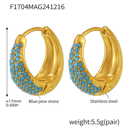Chic Round Zircon Earrings for Women Gold Plated Stainless Steel Luxury Turquoise Stones Ear Hoop Waterproof Charm Jewelry Gift