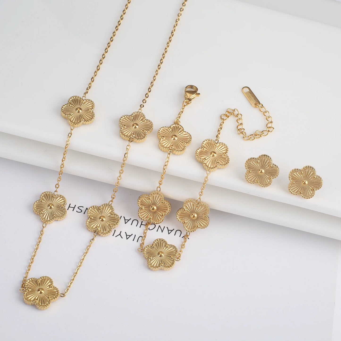 316L Clover Five Leaf Flower Metal Laser Bracelet Necklace Earrings Jewelry Set High Quality Stainless Steel Woman Party Jewelry