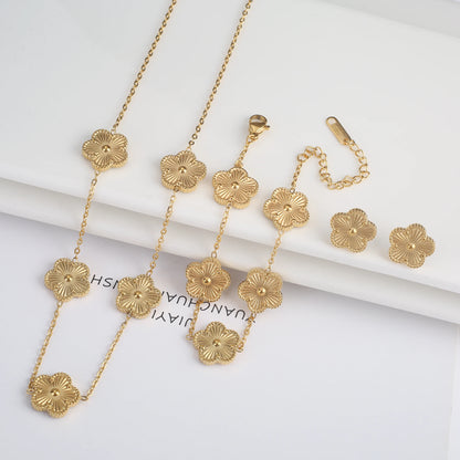 316L Clover Five Leaf Flower Metal Laser Bracelet Necklace Earrings Jewelry Set High Quality Stainless Steel Woman Party Jewelry