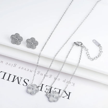 316L Clover Five Leaf Flower Metal Laser Bracelet Necklace Earrings Jewelry Set High Quality Stainless Steel Woman Party Jewelry