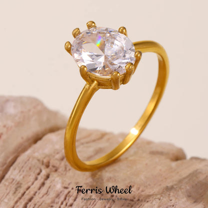 Oval Zircon Rings For Women Stainless Steel Gold Plated Waterproof Luxury Ring Couples Wedding Jewelry Gift