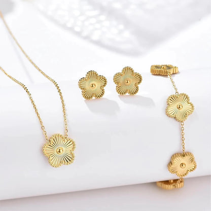 316L Clover Five Leaf Flower Metal Laser Bracelet Necklace Earrings Jewelry Set High Quality Stainless Steel Woman Party Jewelry