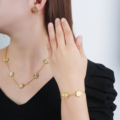 316L Clover Five Leaf Flower Metal Laser Bracelet Necklace Earrings Jewelry Set High Quality Stainless Steel Woman Party Jewelry