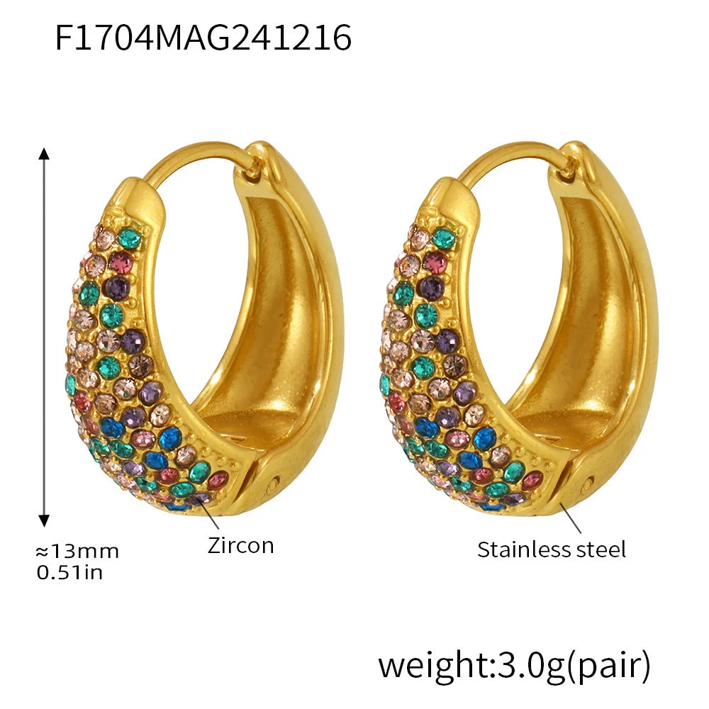 Chic Round Zircon Earrings for Women Gold Plated Stainless Steel Luxury Turquoise Stones Ear Hoop Waterproof Charm Jewelry Gift
