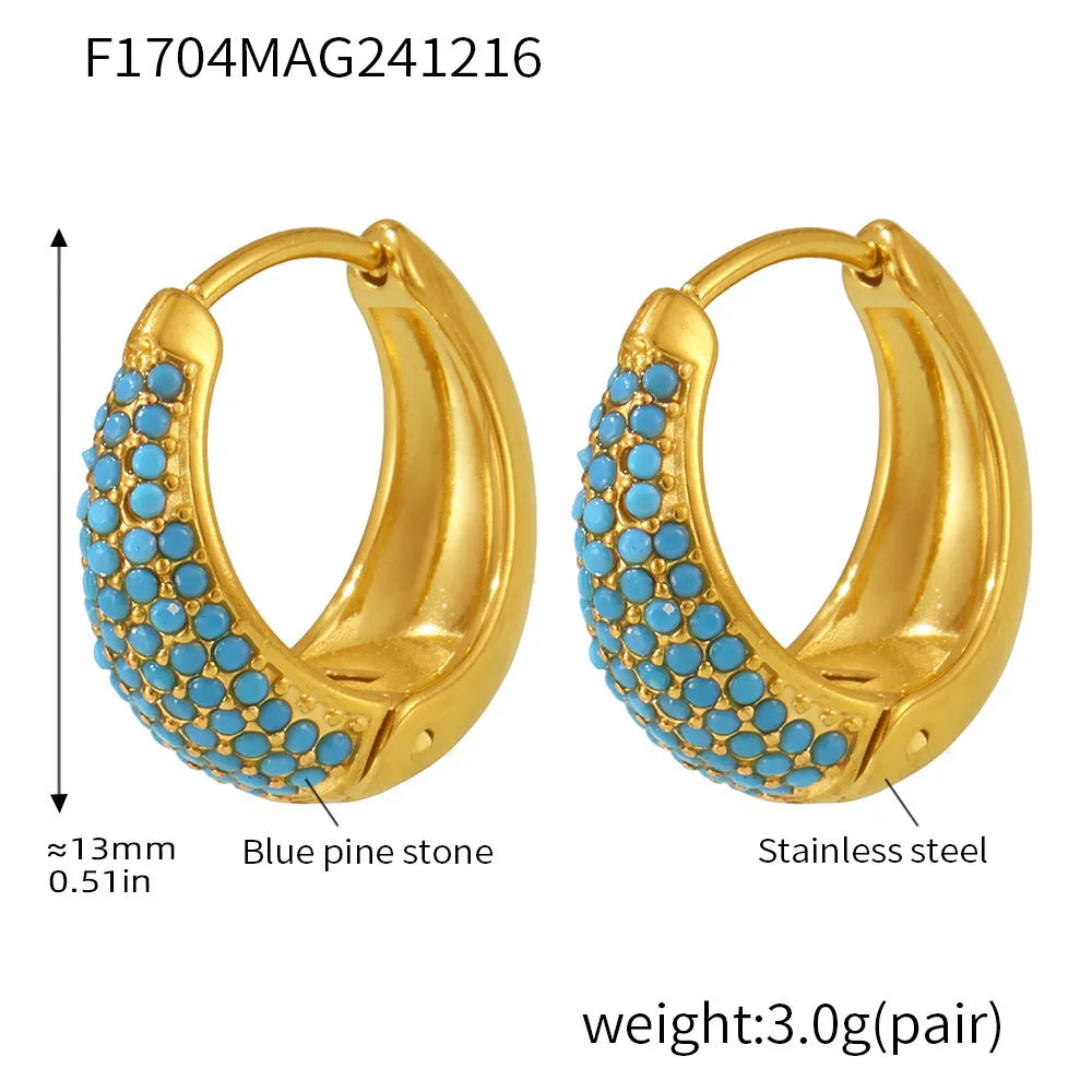 Chic Round Zircon Earrings for Women Gold Plated Stainless Steel Luxury Turquoise Stones Ear Hoop Waterproof Charm Jewelry Gift