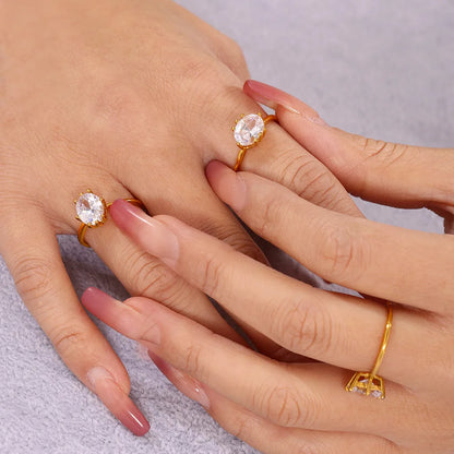 Oval Zircon Rings For Women Stainless Steel Gold Plated Waterproof Luxury Ring Couples Wedding Jewelry Gift