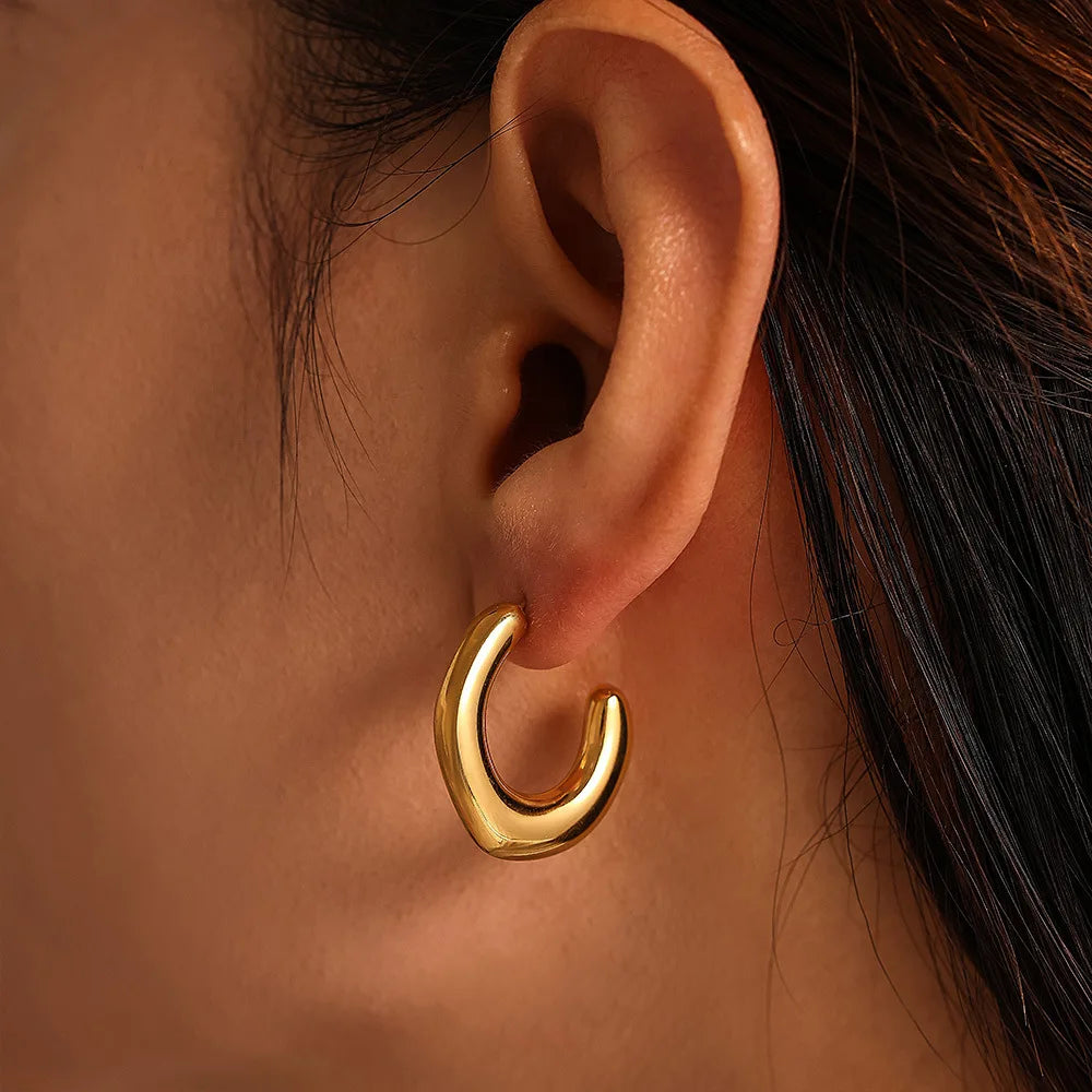 Geometric Earrings For Women C Shape Stainless Steel Vintage Gold Plated Waterproof Ear Hoop Trendy Charm Jewelry Gift