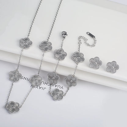 316L Clover Five Leaf Flower Metal Laser Bracelet Necklace Earrings Jewelry Set High Quality Stainless Steel Woman Party Jewelry