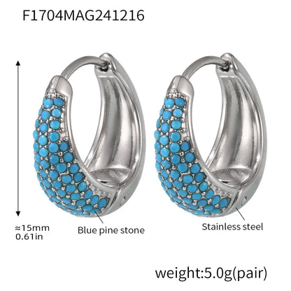 Chic Round Zircon Earrings for Women Gold Plated Stainless Steel Luxury Turquoise Stones Ear Hoop Waterproof Charm Jewelry Gift