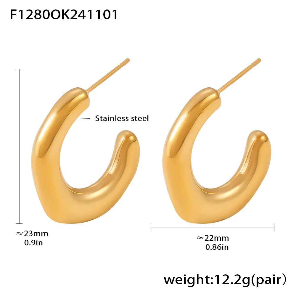 Geometric Earrings For Women C Shape Stainless Steel Vintage Gold Plated Waterproof Ear Hoop Trendy Charm Jewelry Gift
