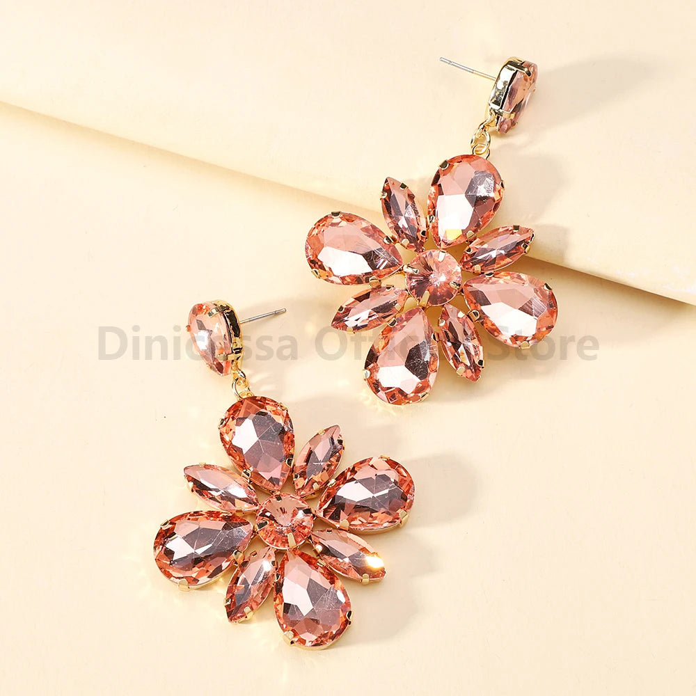 Fashion Glass Flower Y2k Dangle Drop Earrings For Women Charm Luxury Quality Original Ear Accessories Party Pendant Jewelry Gift