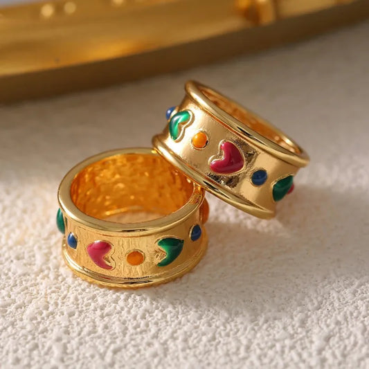 Bohemia Stainless Steel Rings For Women Gold Plated Colorful Enamel Heart Waterproof Women's Wide Surface Finger Ring Girls Gift