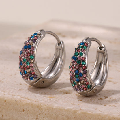 Chic Round Zircon Earrings for Women Gold Plated Stainless Steel Luxury Turquoise Stones Ear Hoop Waterproof Charm Jewelry Gift