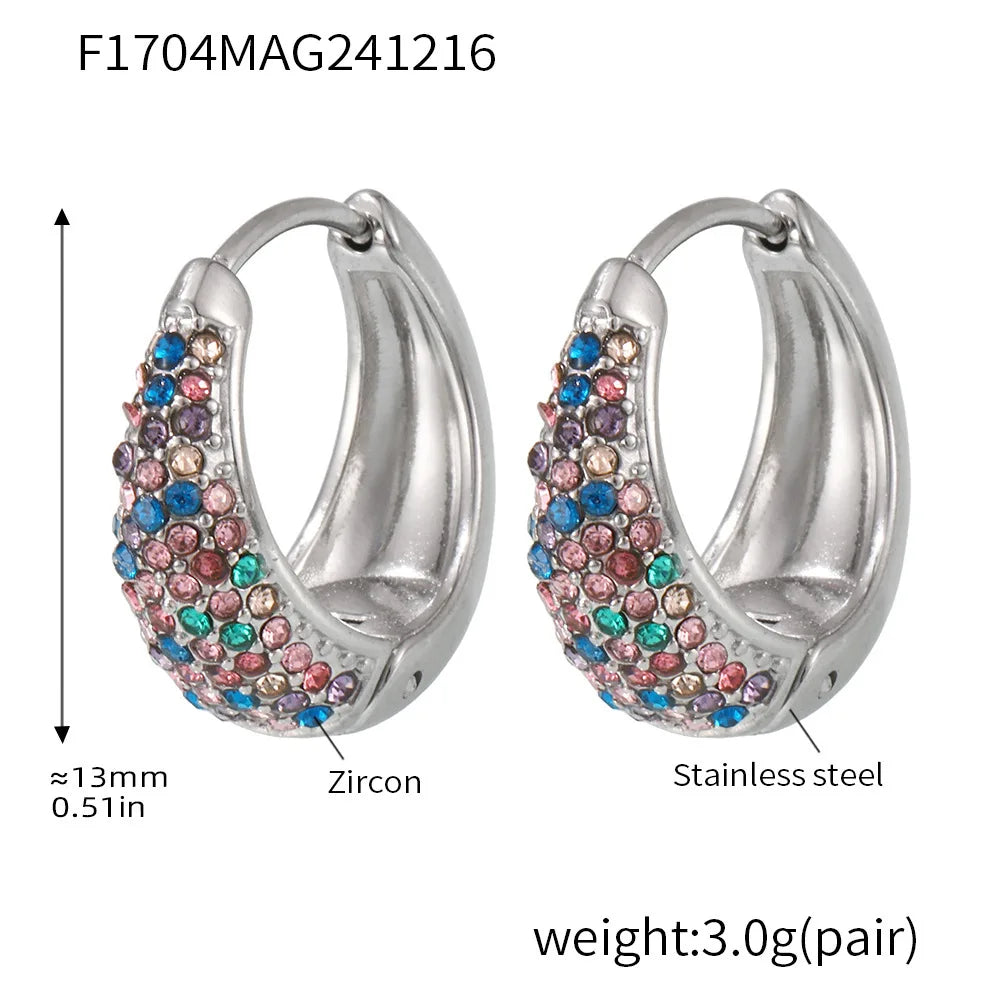 Chic Round Zircon Earrings for Women Gold Plated Stainless Steel Luxury Turquoise Stones Ear Hoop Waterproof Charm Jewelry Gift