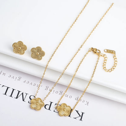 316L Clover Five Leaf Flower Metal Laser Bracelet Necklace Earrings Jewelry Set High Quality Stainless Steel Woman Party Jewelry