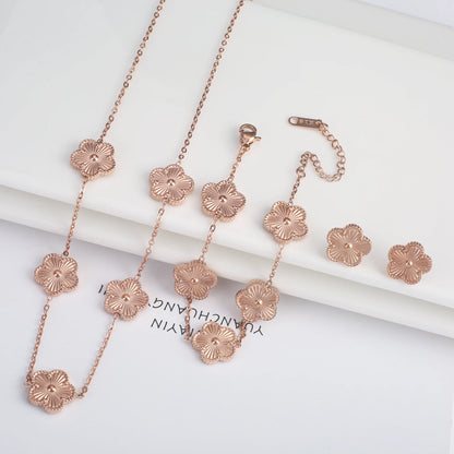 316L Clover Five Leaf Flower Metal Laser Bracelet Necklace Earrings Jewelry Set High Quality Stainless Steel Woman Party Jewelry