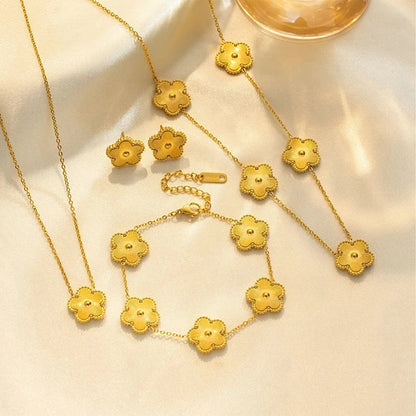 316L Clover Five Leaf Flower Metal Laser Bracelet Necklace Earrings Jewelry Set High Quality Stainless Steel Woman Party Jewelry